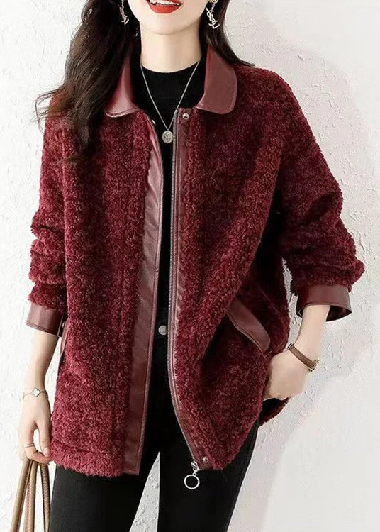 sporty track jacket for women -Loose Wine Red Zippered Patchwork Teddy Faux Fur Coat Winter