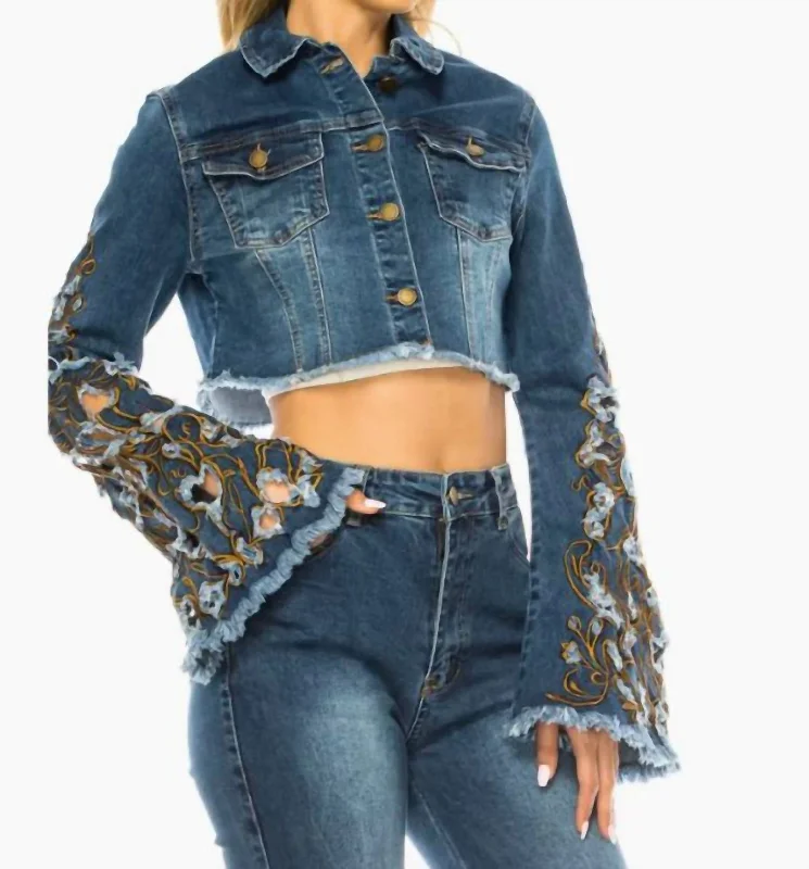 casual oversized shacket for women -Floral Lace Jean Jacket In Denim