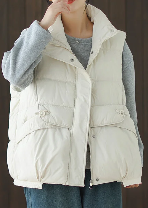 ladies' longline puffer coat -Loose White Zippered Pockets Duck Down Waistcoat Sleeveless