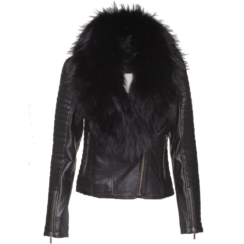 women's classic pea coat -Amarah's Large Fur Shawl leather jacket with ribbed sleeve detailing