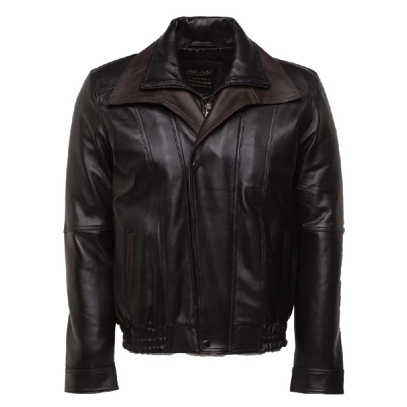 classic women's wool coat -Byrne's brown and black Aviator style leather jacket with spread collars