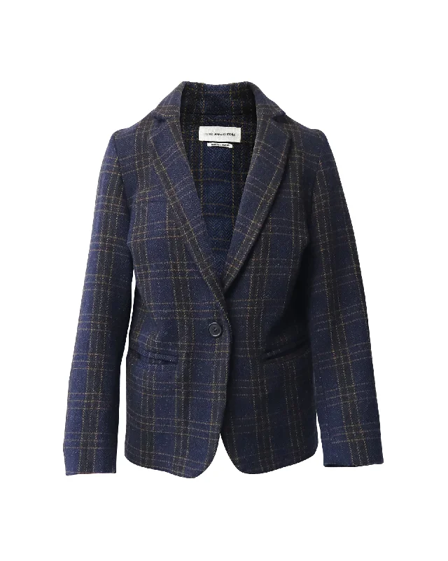 ladies' longline puffer coat -Isabel Marant Oversized Plaid Blazer in Navy Blue Wool