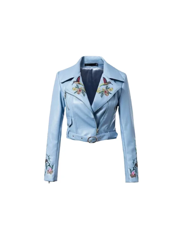 urban streetwear jacket for women -Turquoise Women's Cropped Leather Jacket