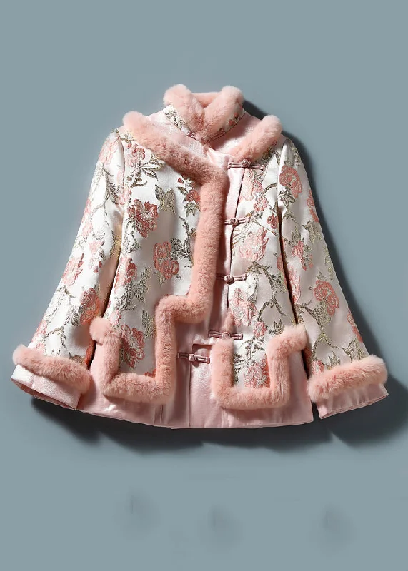 ladies' longline puffer coat -Art Pink Embroidery Button Patchwork Parkas Winter