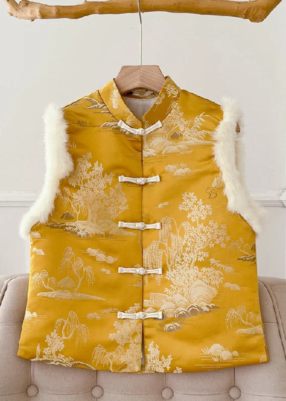 military-style coat for women -Original Yellow Button Fluffy Silk Sleeveless Waistcoat Stand Collar