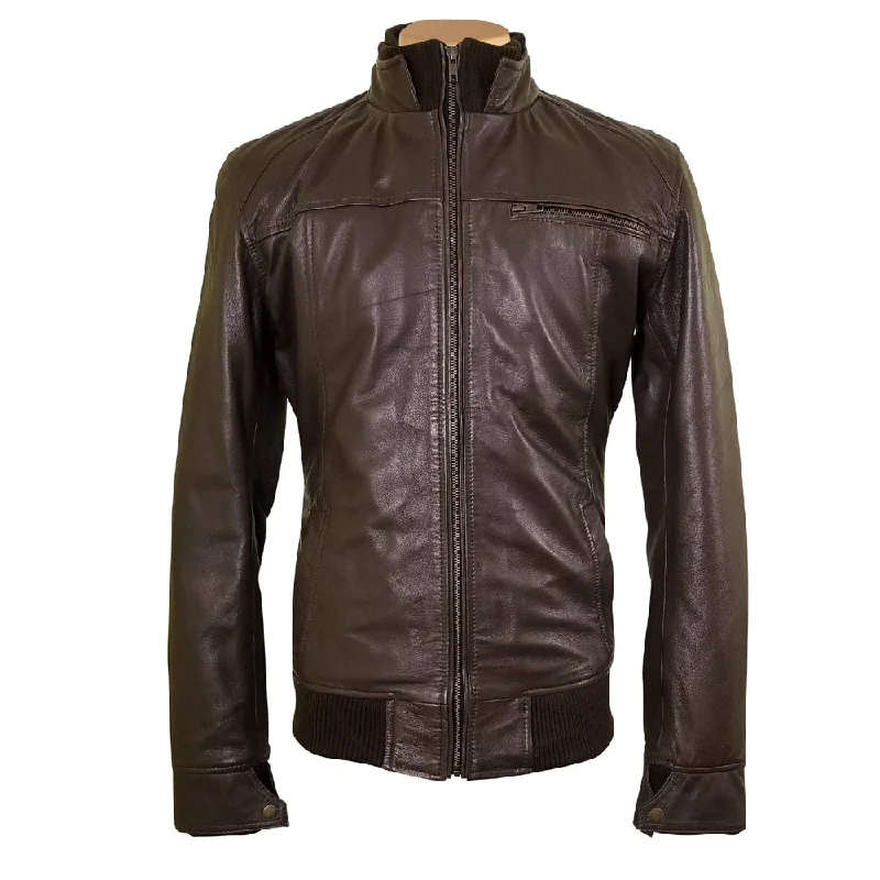 ladies' designer overcoat -Brown leather jacket with straight ribbed collar, cuffs and hem