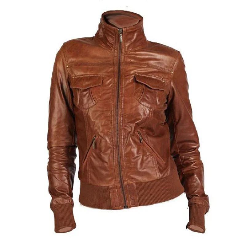 ladies' quilted coat -Women's zip up waxed cognac leather jacket with ribbed cuffs and hem