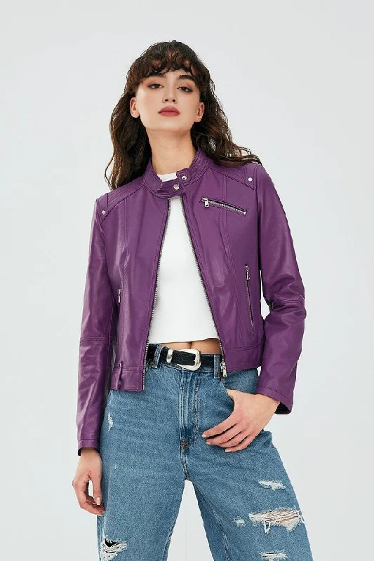 women's bohemian style kimono jacket -Purple Stylish Motor Bike Leather Jacket For Women