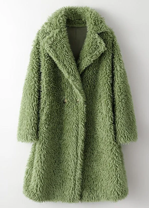 women's travel-friendly jacket -Loose Green Peter Pan Collar Button Long Faux Fur Coat Winter