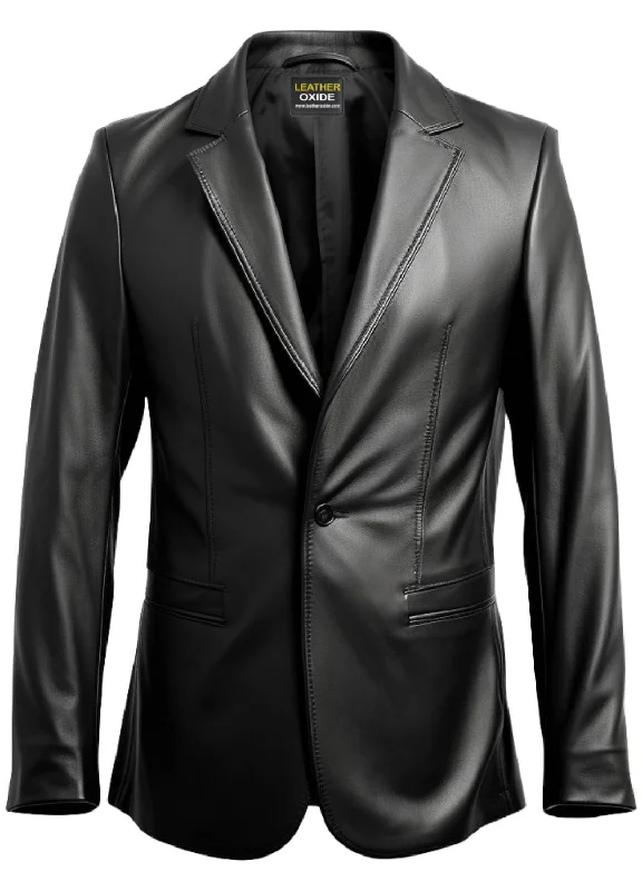 double-layered long coat for women -Men One Button Black Leather Blazer