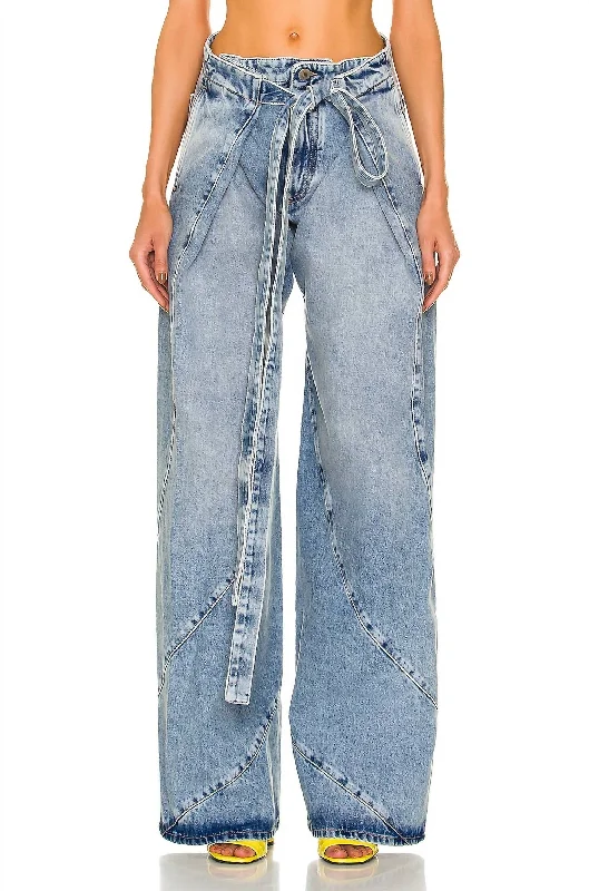 women's super skinny ankle jeans -Pre-Loved Denim With Slit Pockets And Belted Waist Jean In Blue