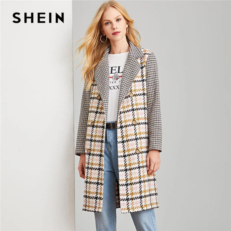 lightweight packable jacket for women -Multicolor Office Lady Elegant Double Breasted Notched Neck Plaid Coat