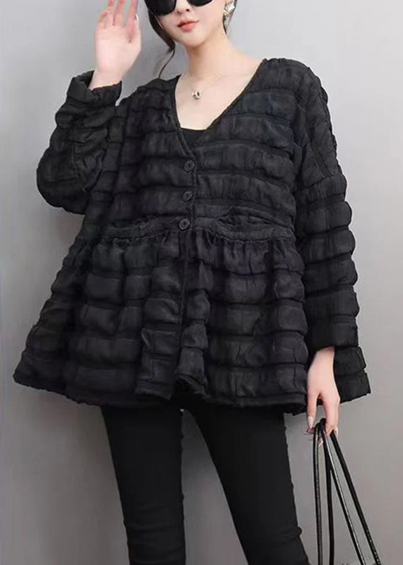 women's asymmetrical zip jacket -Style Black V Neck Patchwork Parka Puff Sleeve