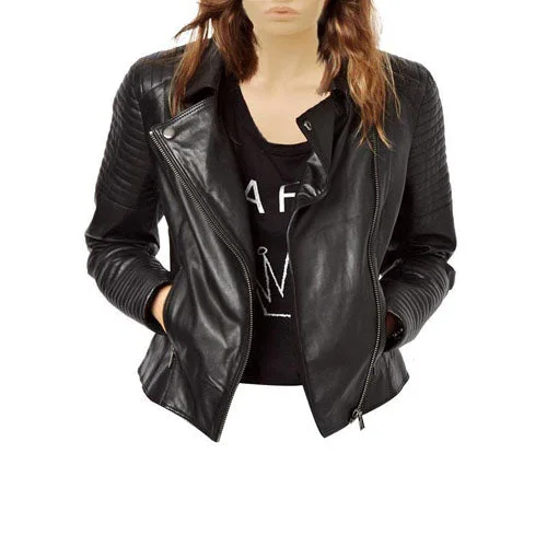 stylish longline coat for women -Women’s Black Biker Style Leather Jacket With Ribbed Panels