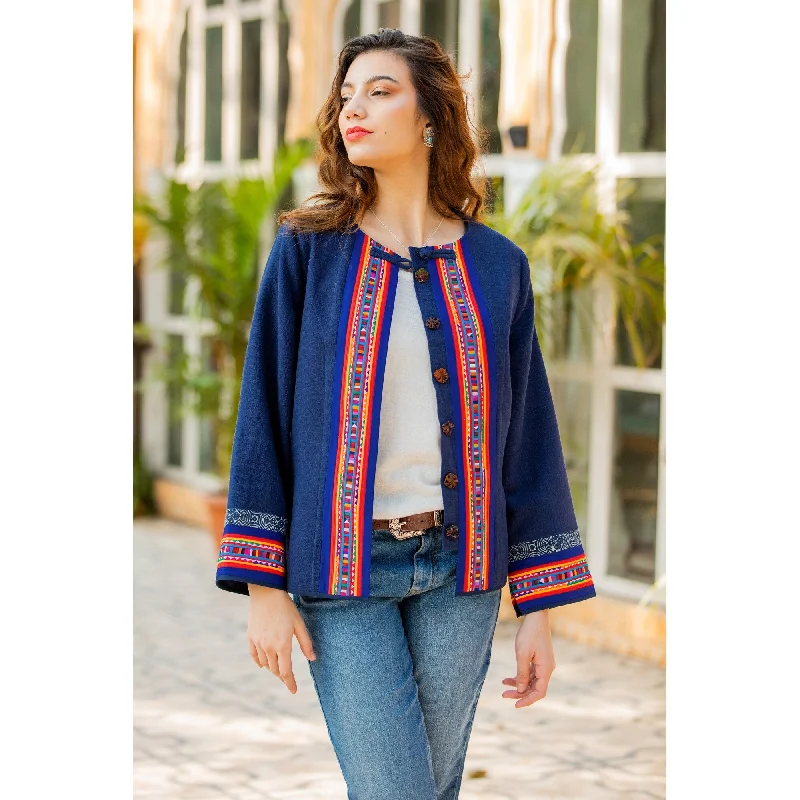 stylish fleece-lined coat for women -Novica Handmade Navy Heritage Cotton Blend Jacket