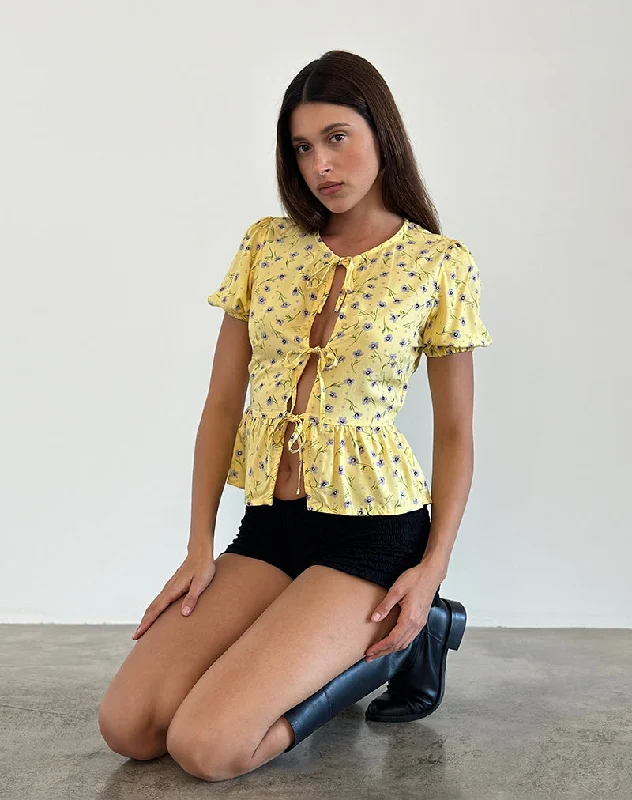 fashionable split hem blouse for women -Ajasi Blouse in Wild Flower Lemon Drop