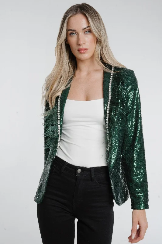 women's cropped bomber jacket -Holly Sequin Blazer In Green