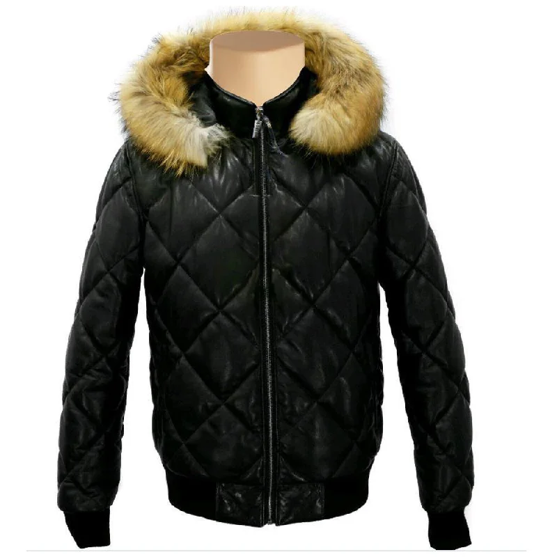 women's classic pea coat -Joel quilted puffer winter leather jacket with diamond stitching and fur hoodie