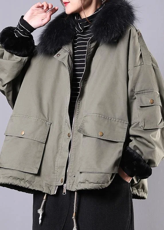 elegant wool cape for women -2024 Army Green Casual Outfit Oversize Snow Jackets Pockets Faux Fur Collar Winter Coats