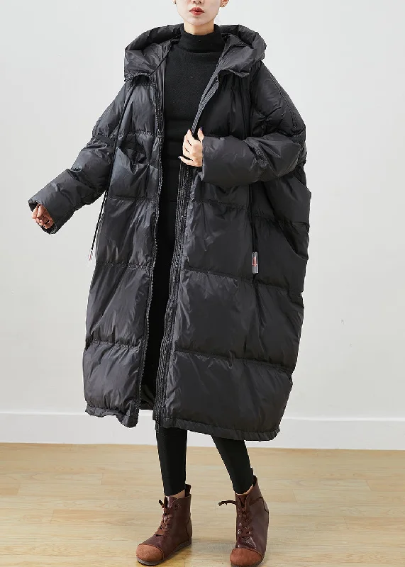 casual oversized shacket for women -French Black Oversized Drawstring Duck Down Jacket In Winter