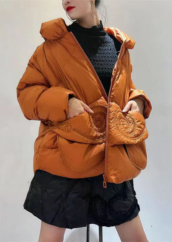 women's bohemian style kimono jacket -Chic Orange Zip Up Pockets Patchwork Duck Down Down Coats Winter