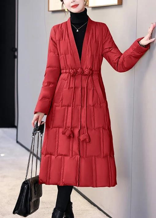 sustainable eco-friendly coat for women -New Chinese Style Red V Neck Pockets Duck Down Puffers Coat Winter