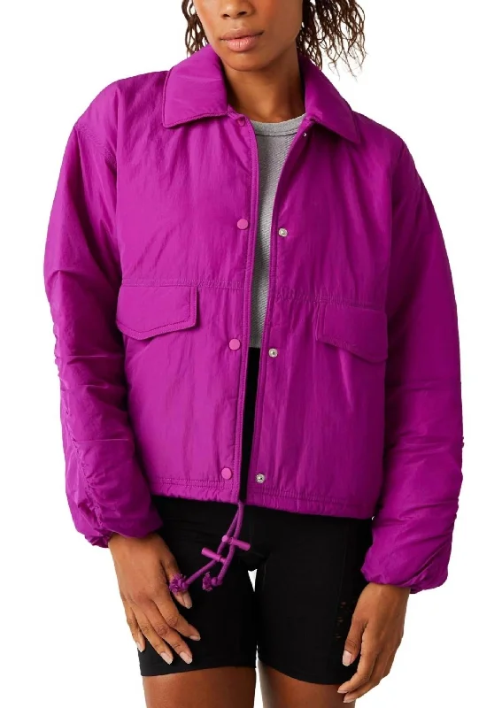 classic camel coat for ladies -Off The Bleachers Coaches Jacket In Vivid Violet