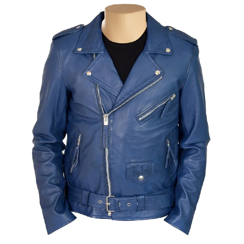 cozy teddy coat for ladies -Kain Blue classic biker style leather jacket with belt