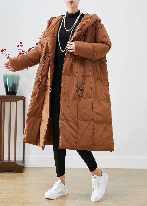 women's sherpa-lined jacket -Coffee Patchwork Duck Down Puffers Jackets Hooded Oversized Winter