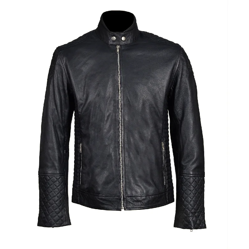 ladies' fleece zip-up jacket -Tyrons moto style leather jacket with quilted detailing