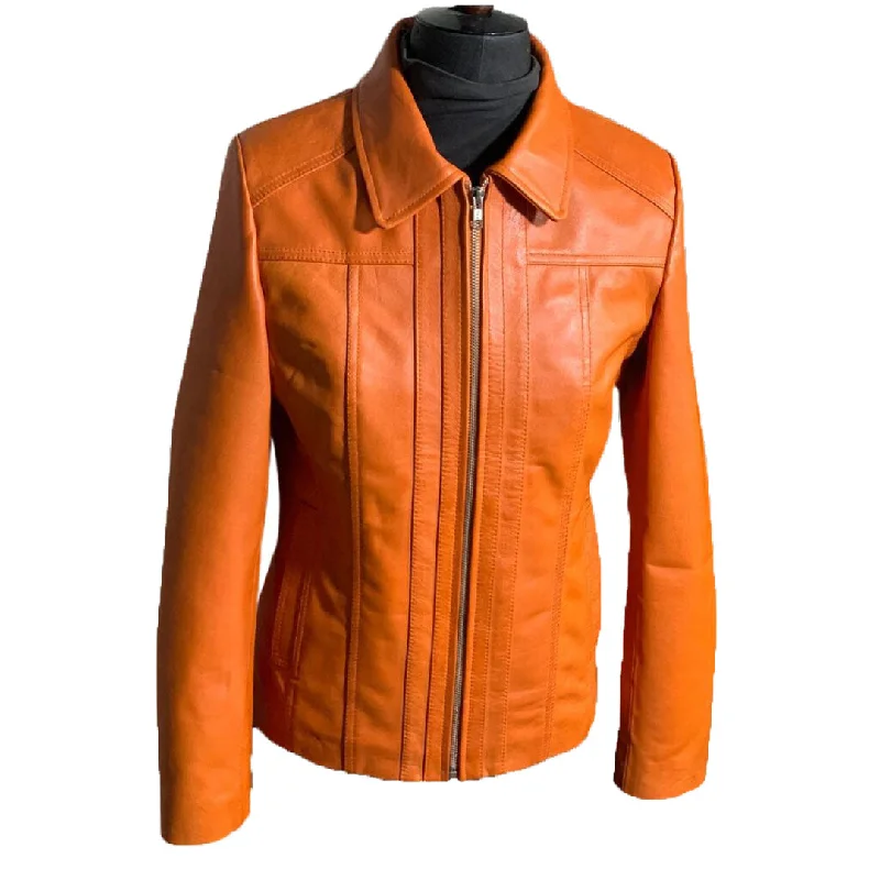 women's sherpa-lined jacket -Amelia Women's orange leather jacket