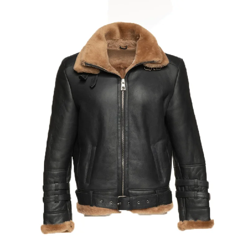 urban streetwear jacket for women -Viktor's black Aviator bomber shearling jacket