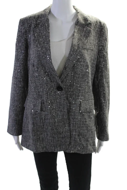 stylish longline coat for women -Insight Womens Holiday Sparkle Sequined Blazer Jacket Black White