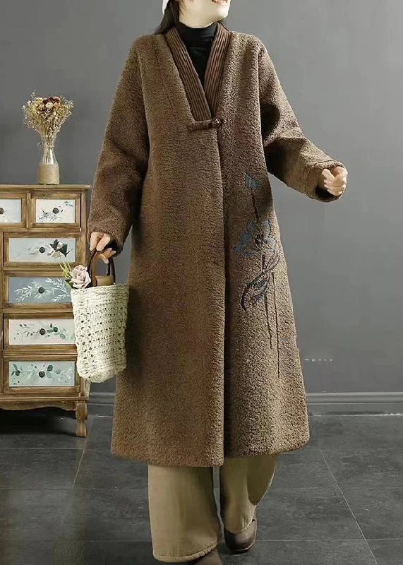 breathable softshell jacket for women -Plus Size Chocolate Embroideried Chinese Button Faux Fur Coats Winter