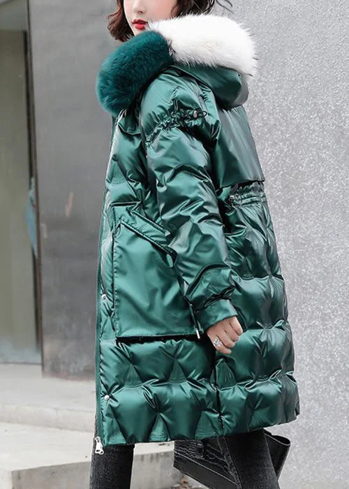 ladies' fleece zip-up jacket -French Blackish Green Fur Collar Drawstring Duck Down Coat Winter