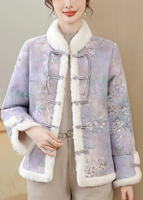 soft touch sherpa coat for women -Loose Purple Print Button Patchwork Warm Fleece Parka Winter