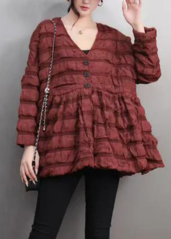 women's fur-trimmed parka -Red Wrinkled Button Womens Parka Winter