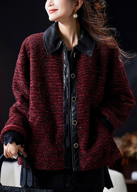 ladies' sporty windbreaker -Elegant Wine Red Peter Pan Collar Button Patchwork Parkas Winter