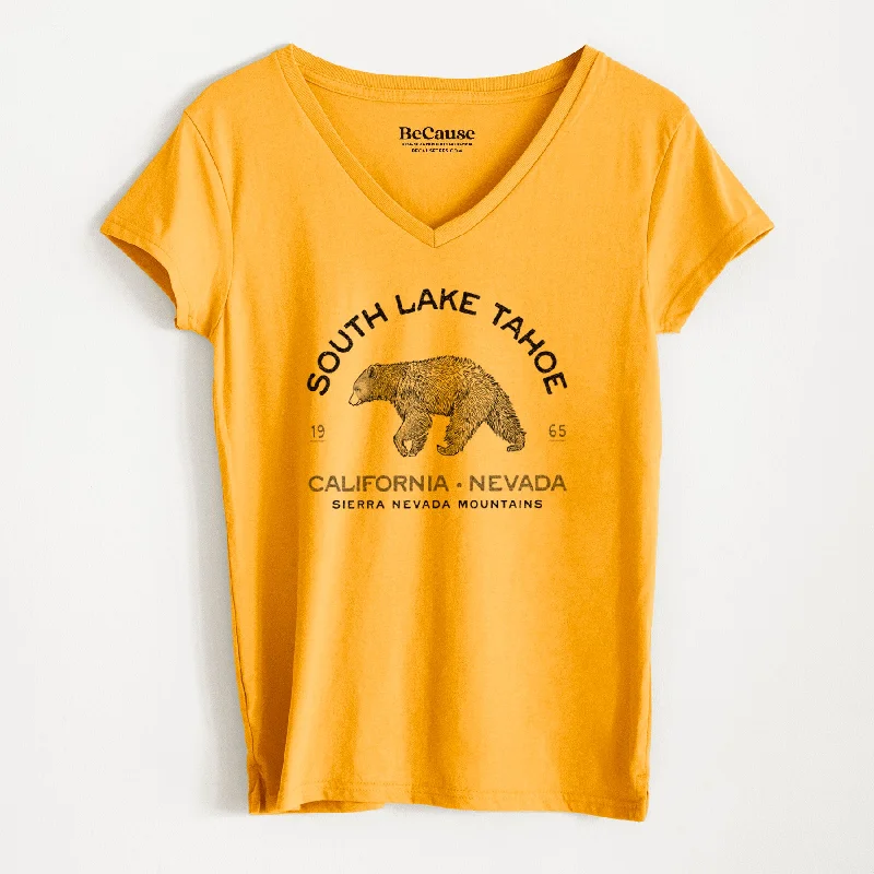 fashionable asymmetrical hem top for ladies -South Lake Tahoe Black Bear - Women's 100% Recycled V-neck