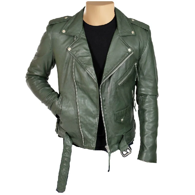 urban streetwear jacket for women -Sergeant Olive green biker style leather jacket with belt