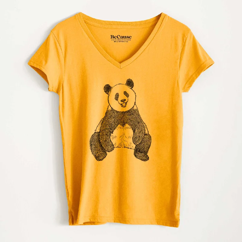 trendy drawstring hem top for ladies -Ailuropoda melanoleuca - Giant Panda Sitting - Women's 100% Recycled V-neck