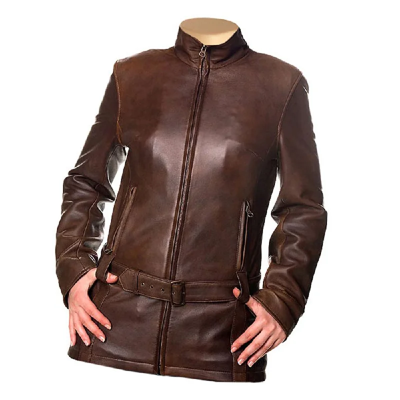 structured blazer jacket for women -Womens Sherry Dark Brown Leather Jacket With Waist Belt