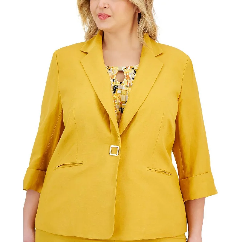 classic trench raincoat for women -Kasper Womens Plus Linen Office One-Button Blazer