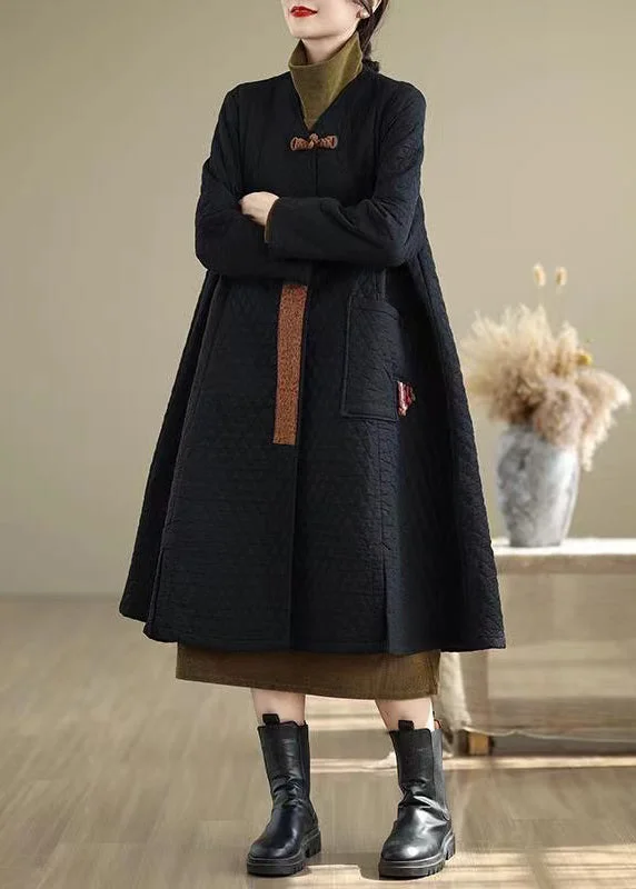 ladies' quilted coat -Chinese Style Black V Neck Pockets Fine Cotton Filled Winter Coats