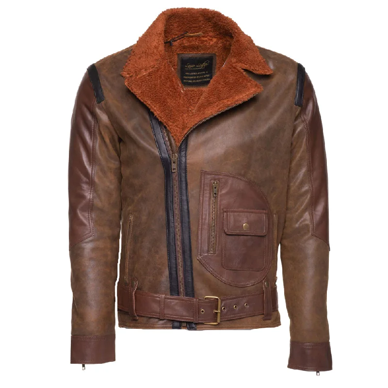 women's travel-friendly jacket -Vintage Brown Sherpa lined Leather jacket with D pocket