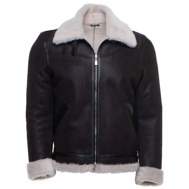 fashionable metallic puffer jacket for women -Hampton's Classic Brown B-3 Bomber Aviator Shearling Jacket with collar belt