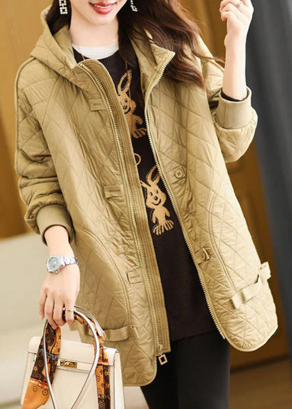 sleek satin bomber jacket for women -Organic Khaki Plaid Zippered Drawstring Fine Cotton Filled Hoodie Down Jackets Winter