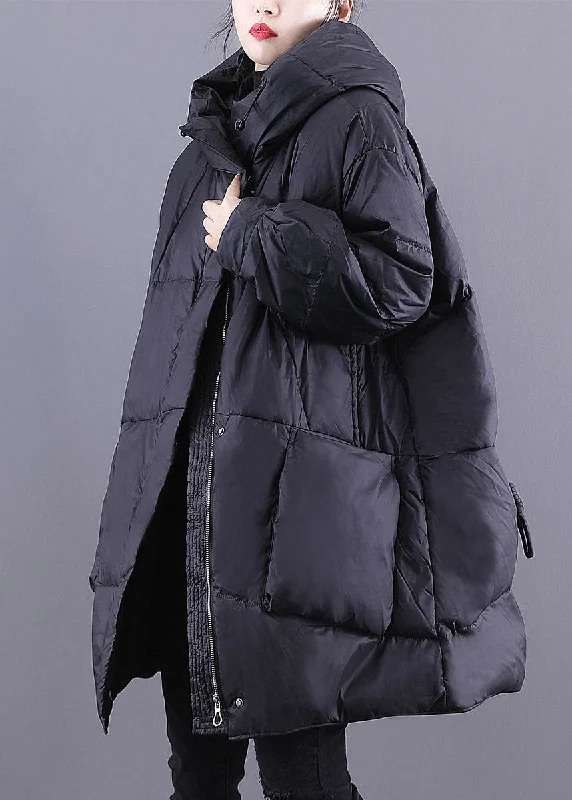 lightweight quilted jacket for women -Loose Black Hooded Pockets Drawstring Duck Down Canada Goose Jacket Winter