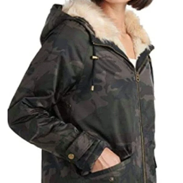 ladies' cashmere overcoat -Lucky Brand Women's Faux Camouflage Zip Up Winter Jacket Coat Green Size X-Large