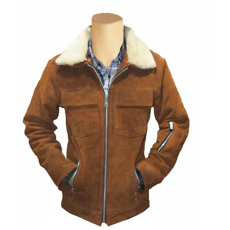 warm shearling coat for women -Tan Suede Bomber leather jacket with Fur collar